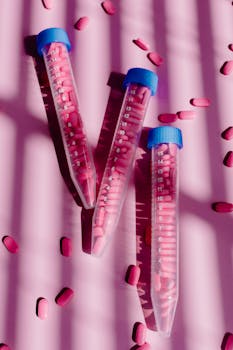 Three lab vials filled with pink pills on a vibrant pink background.