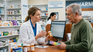Pharmacist explaining medication to patient